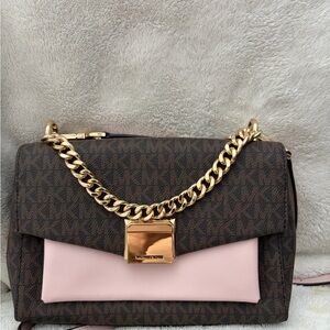 Michael Kors Crossbody Bag in Brown and Pink with Gold Chain